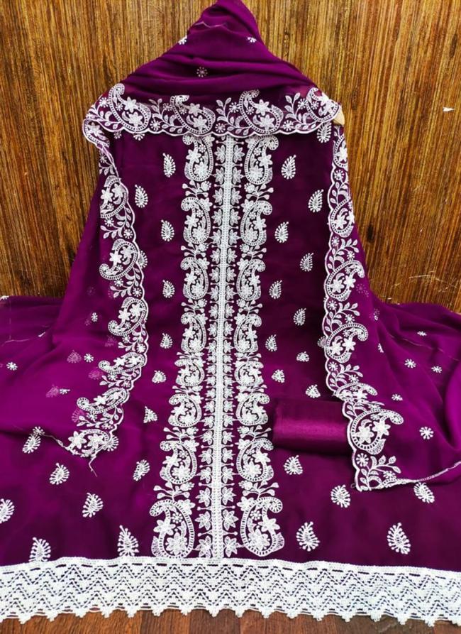 Georgette Purple Traditional Wear Thread Work Dress Material